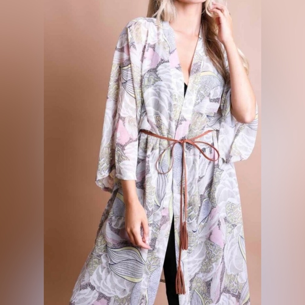 Anthropologie OS Floral Semi Sheer Print Kimono Duster  (Missing Belt) Like New